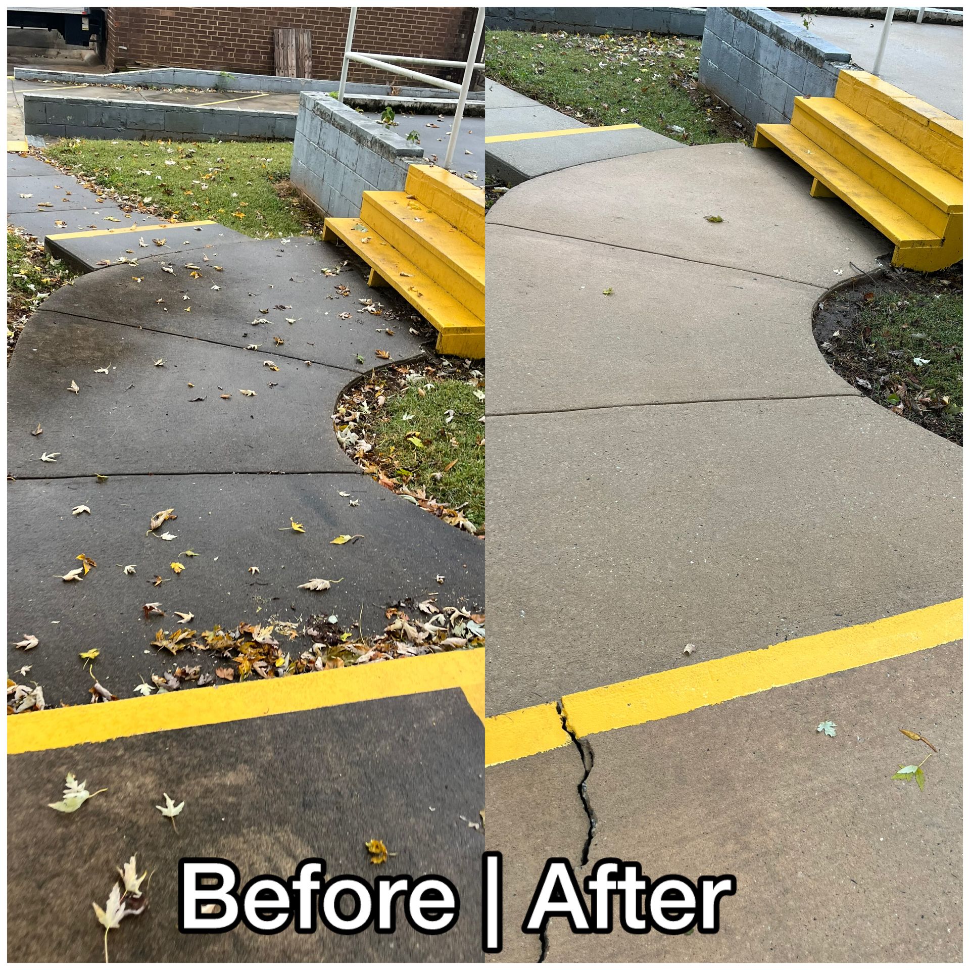 Before-and-after sidewalk repair: cracked black pavement replaced with smooth light concrete near yellow steps.