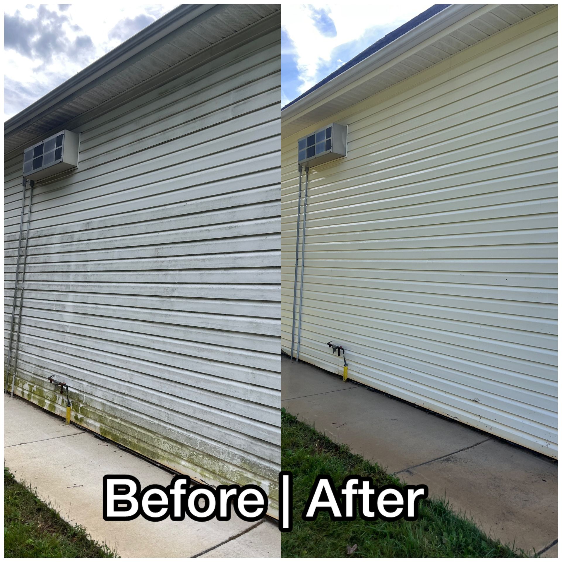 Side-by-side before and after of a white house exterior wall cleaned of green mildew stains.