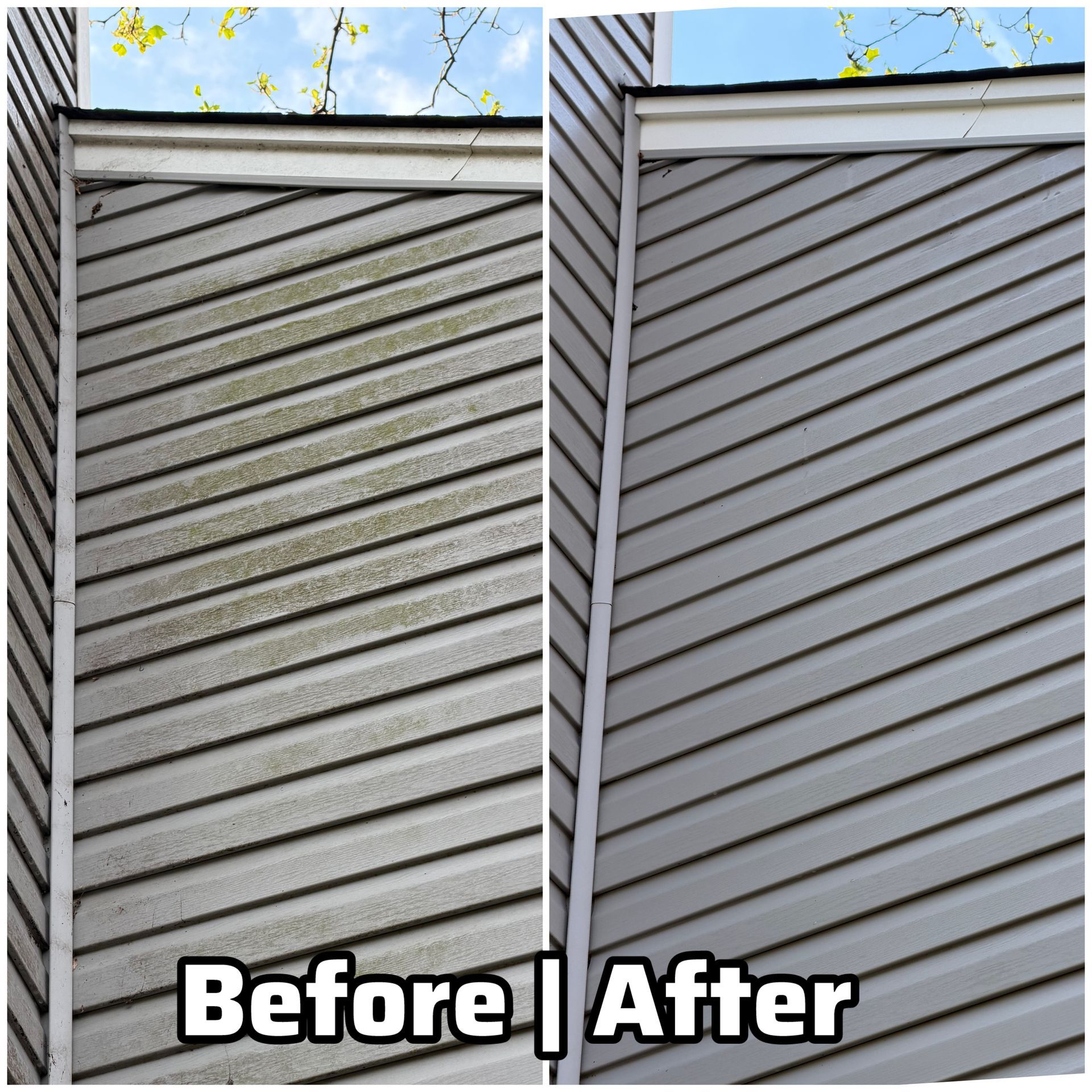 Split-view of house siding before and after cleaning, showing gray, dirty panels and a brighter cleaned finish.