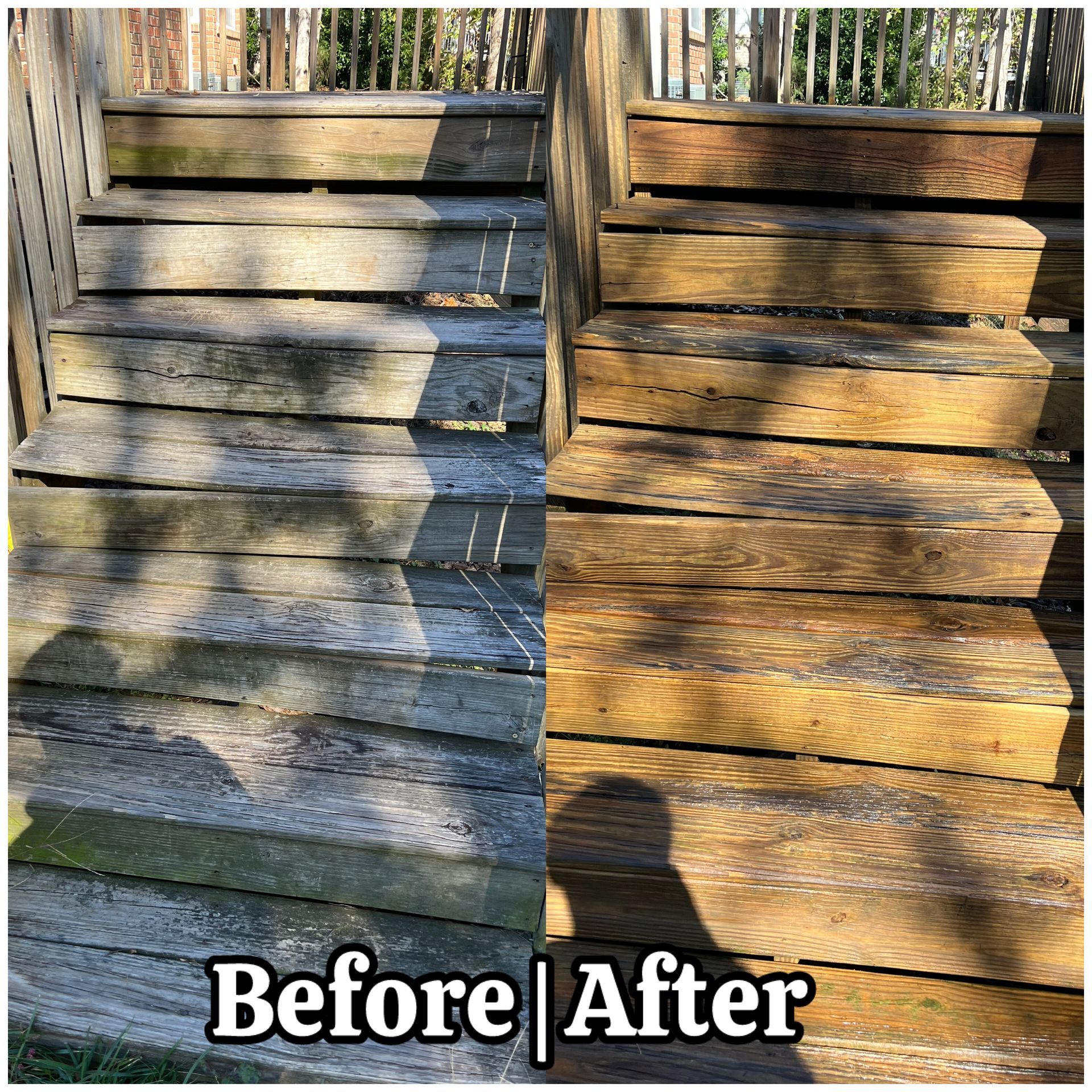 Weathered wooden steps split-screen before and after cleaning, showing gray on left and golden wood on right.