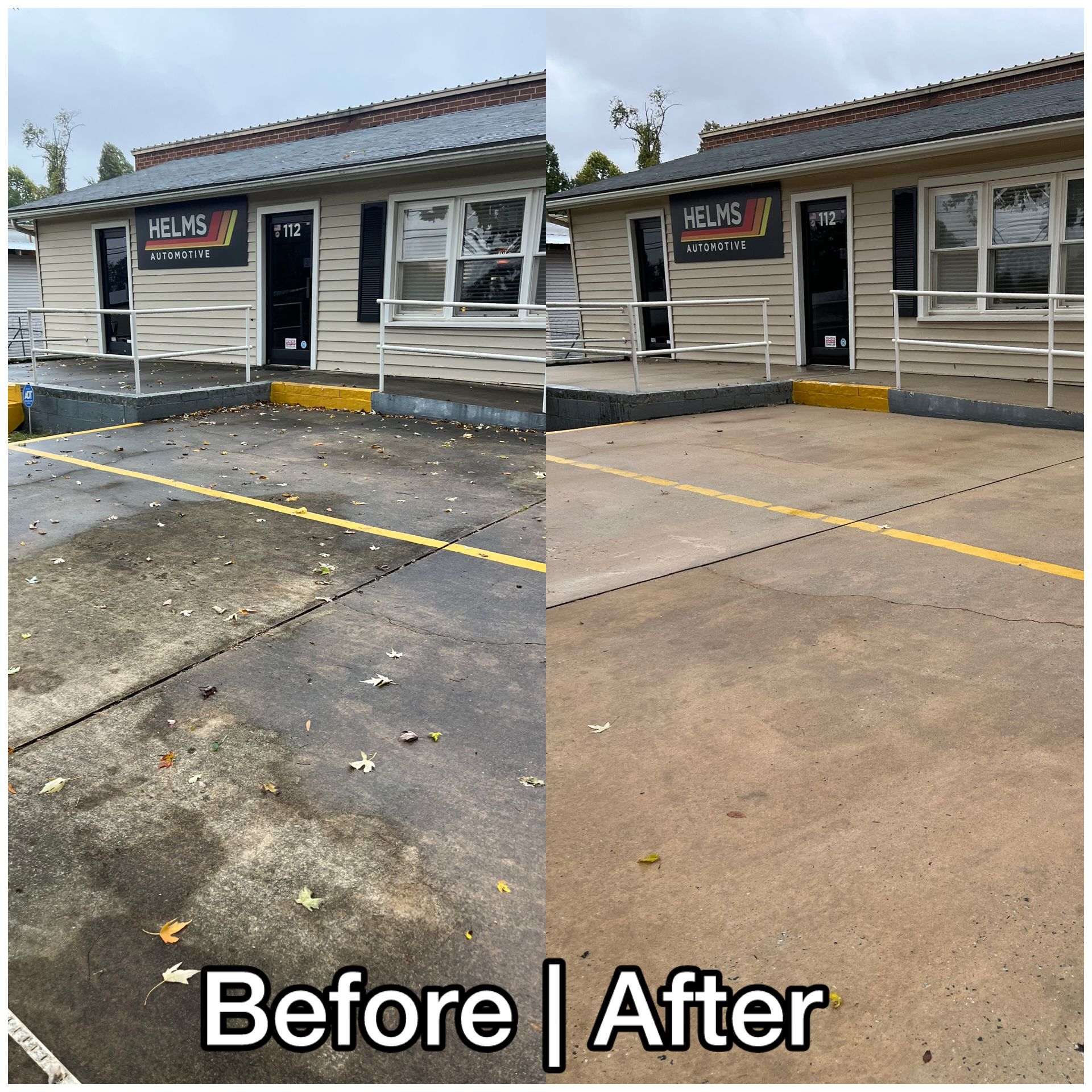 Before-and-after exterior of a small beige building with new white trim and black doors, parking lot in front.