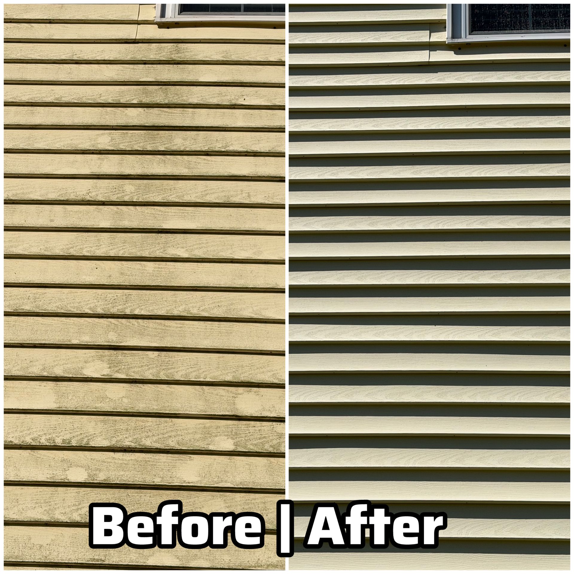 Side-by-side house siding comparison: dirty beige “Before” and cleaned gray-green “After”.