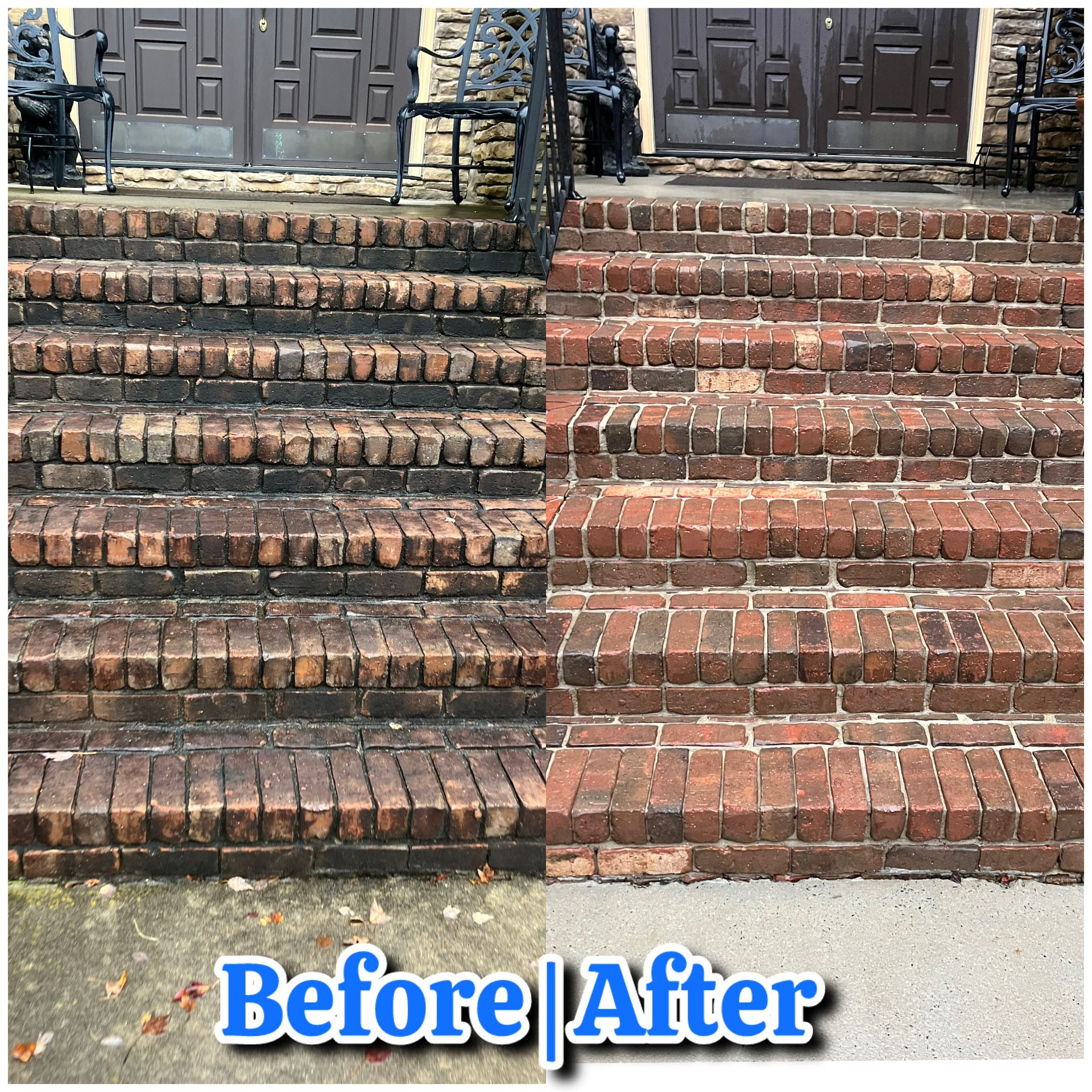 Before-and-after view of brick front steps, showing worn dark bricks on the left and cleaned red bricks on the right.