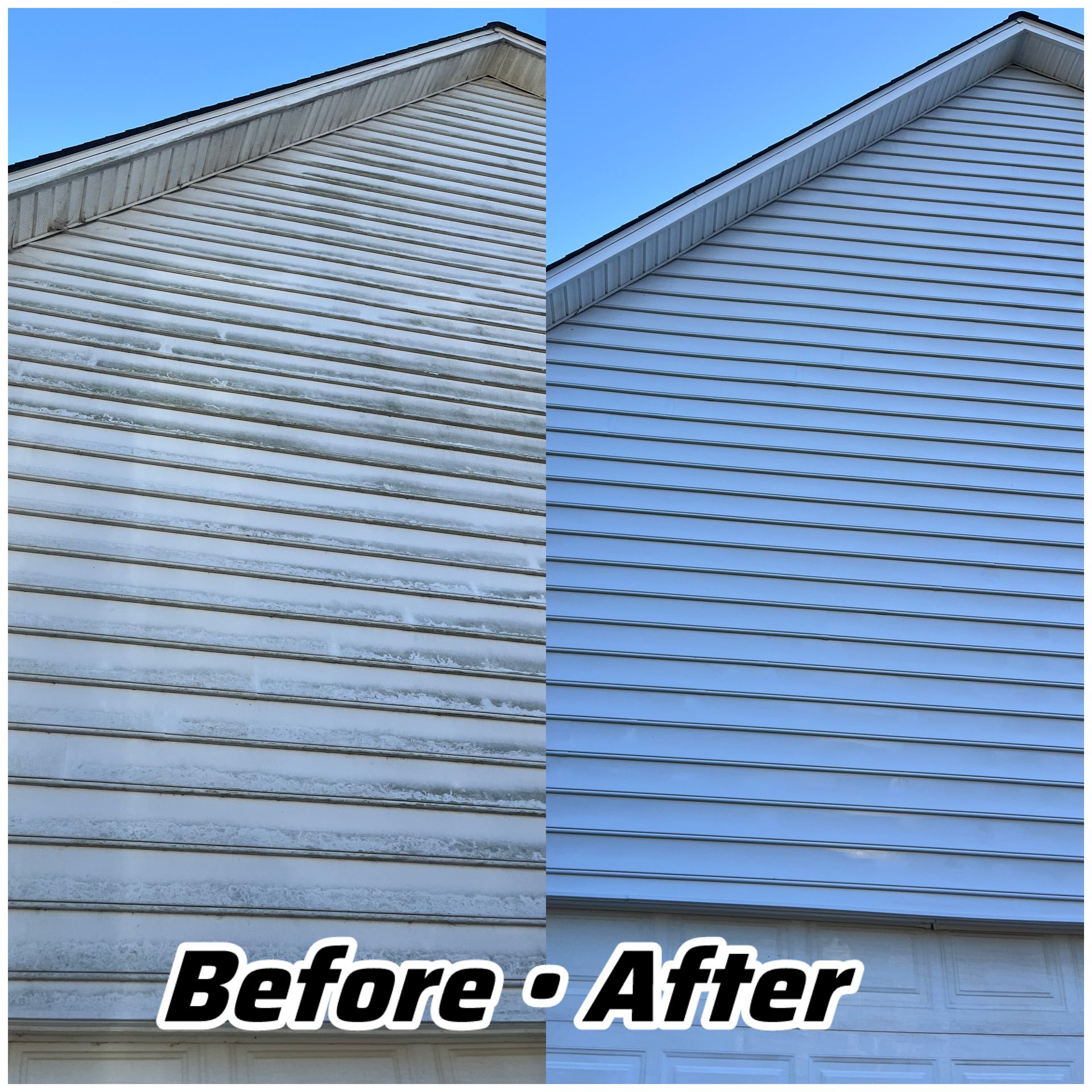 Before-and-after view of a house’s siding: dirty white exterior on the left, clean blue siding on the right.