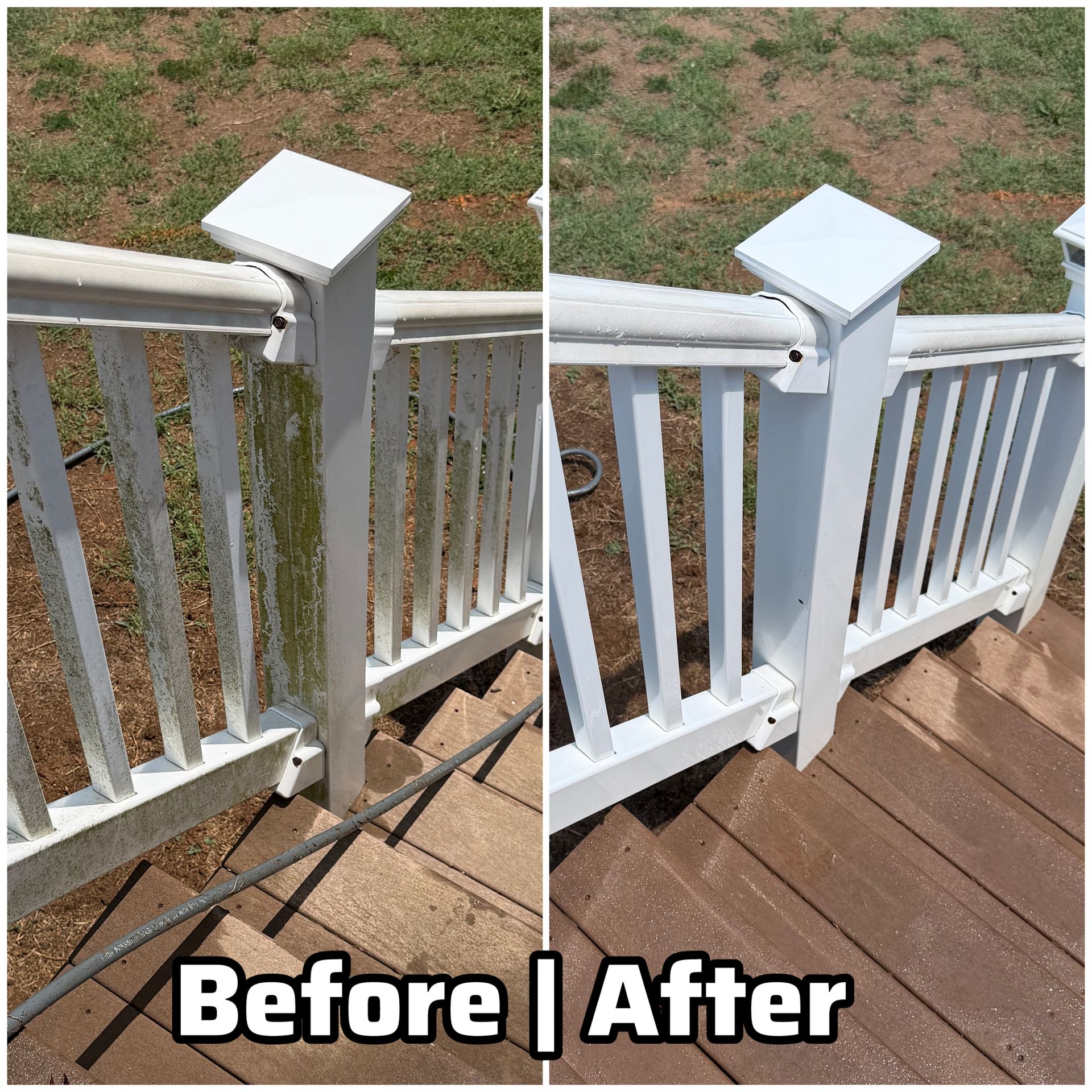 Before-and-after of a white porch railing post repair, showing rusted post replaced with a clean painted one.
