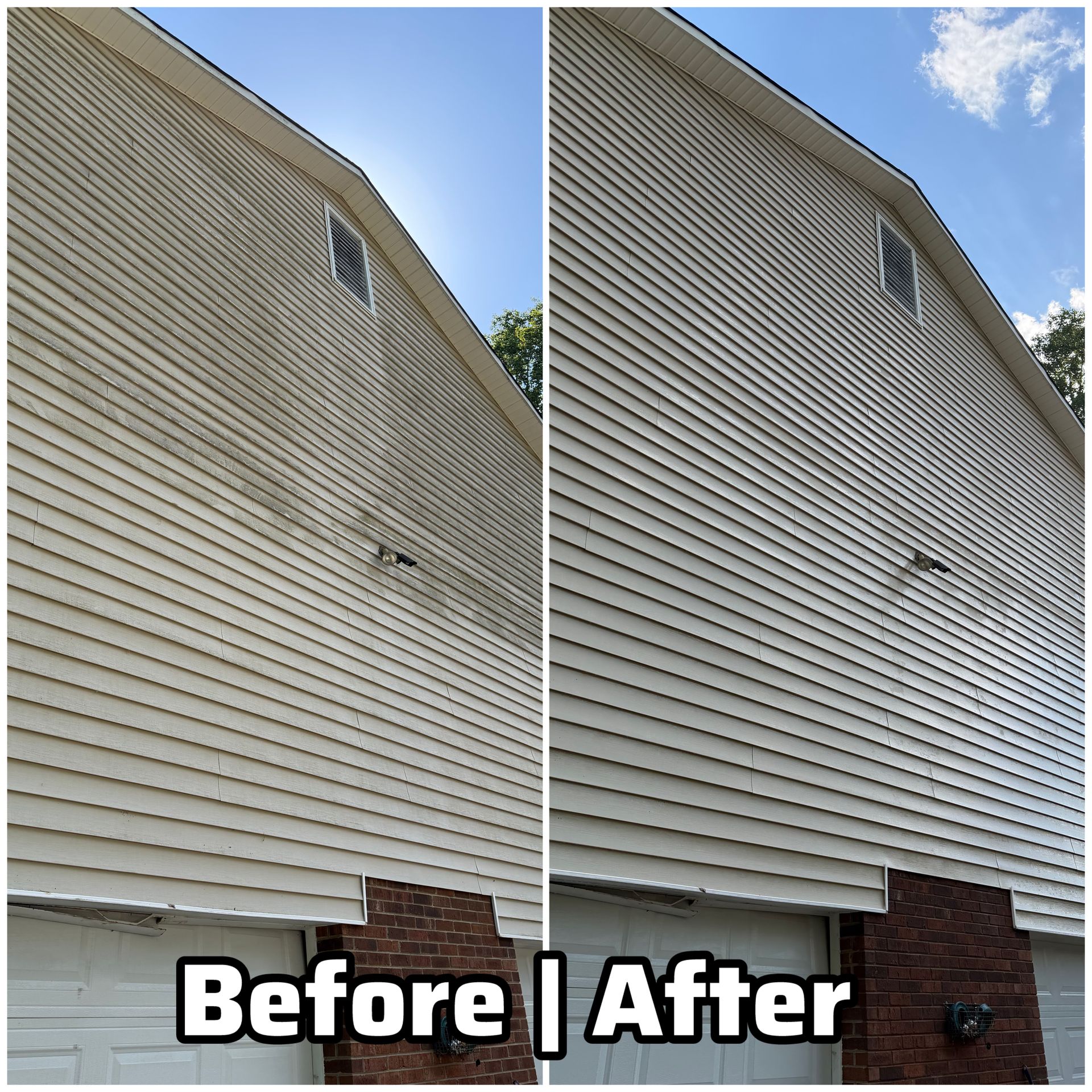 Before-and-after view of a house exterior with cleaned beige siding and blue sky.