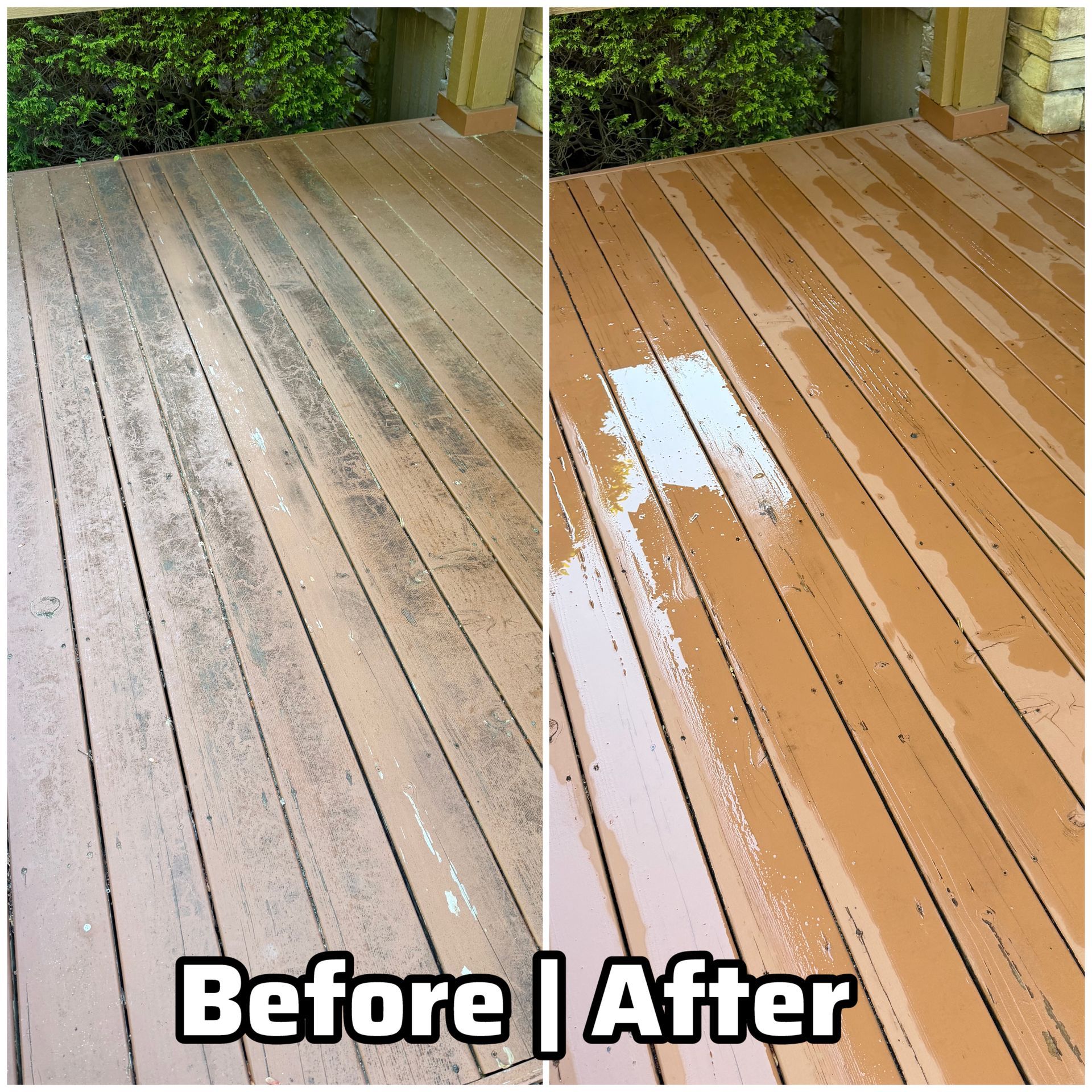 Split-view deck before and after cleaning: gray weathered boards beside freshly washed tan boards.