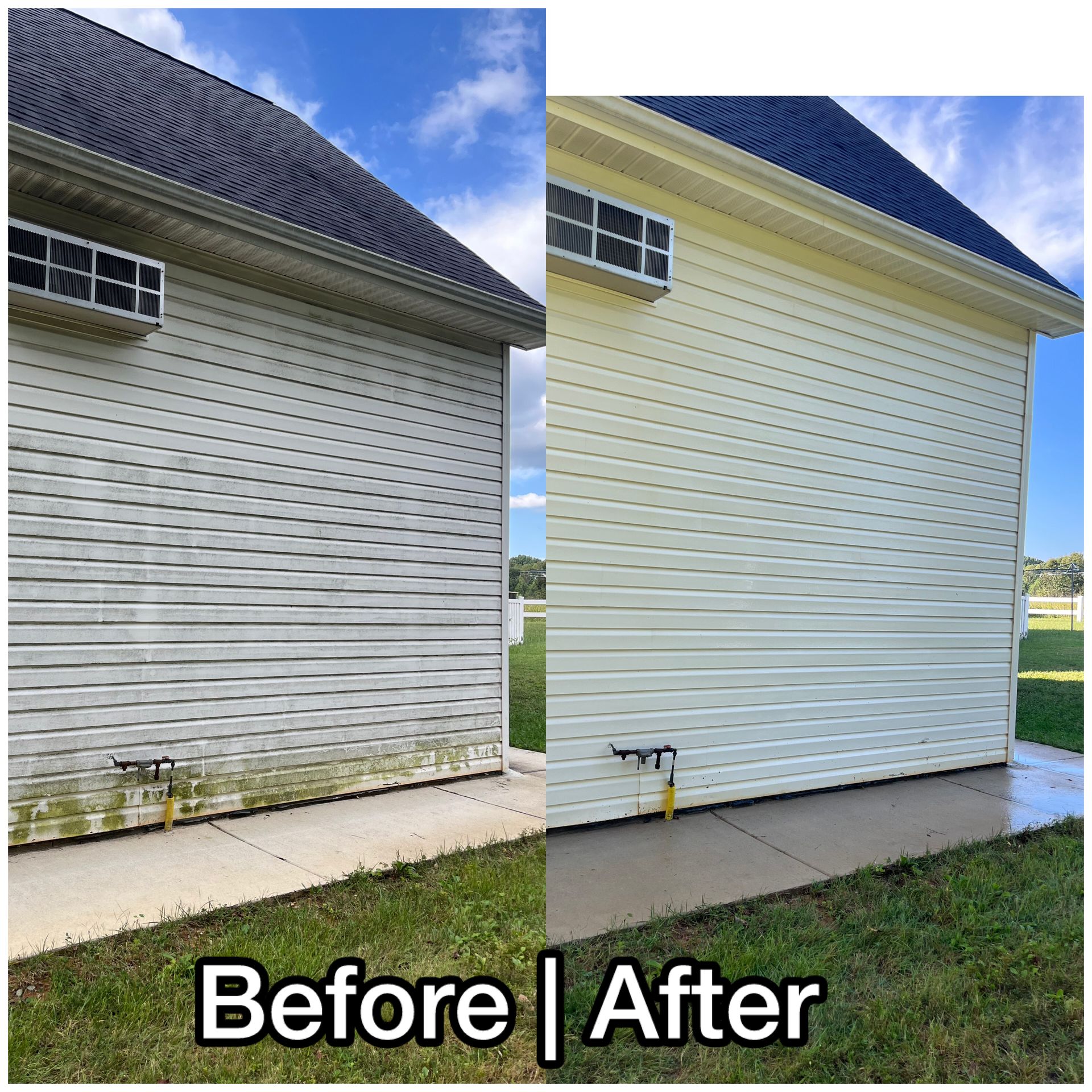 Before-and-after of a house exterior cleaned from dirty gray siding to bright white siding.
