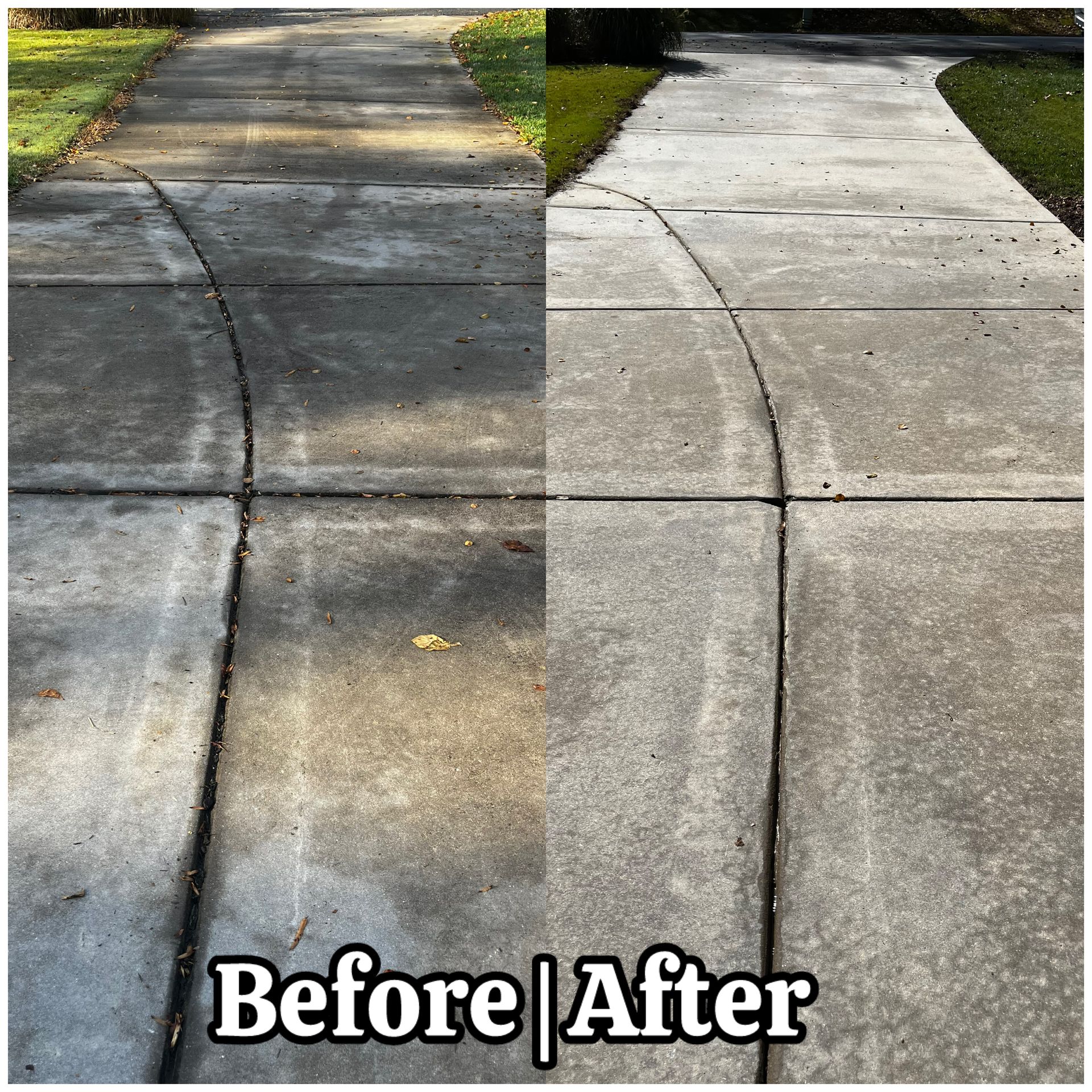 Concrete driveway before-and-after cleaning, with a dirty left side and bright clean right side.