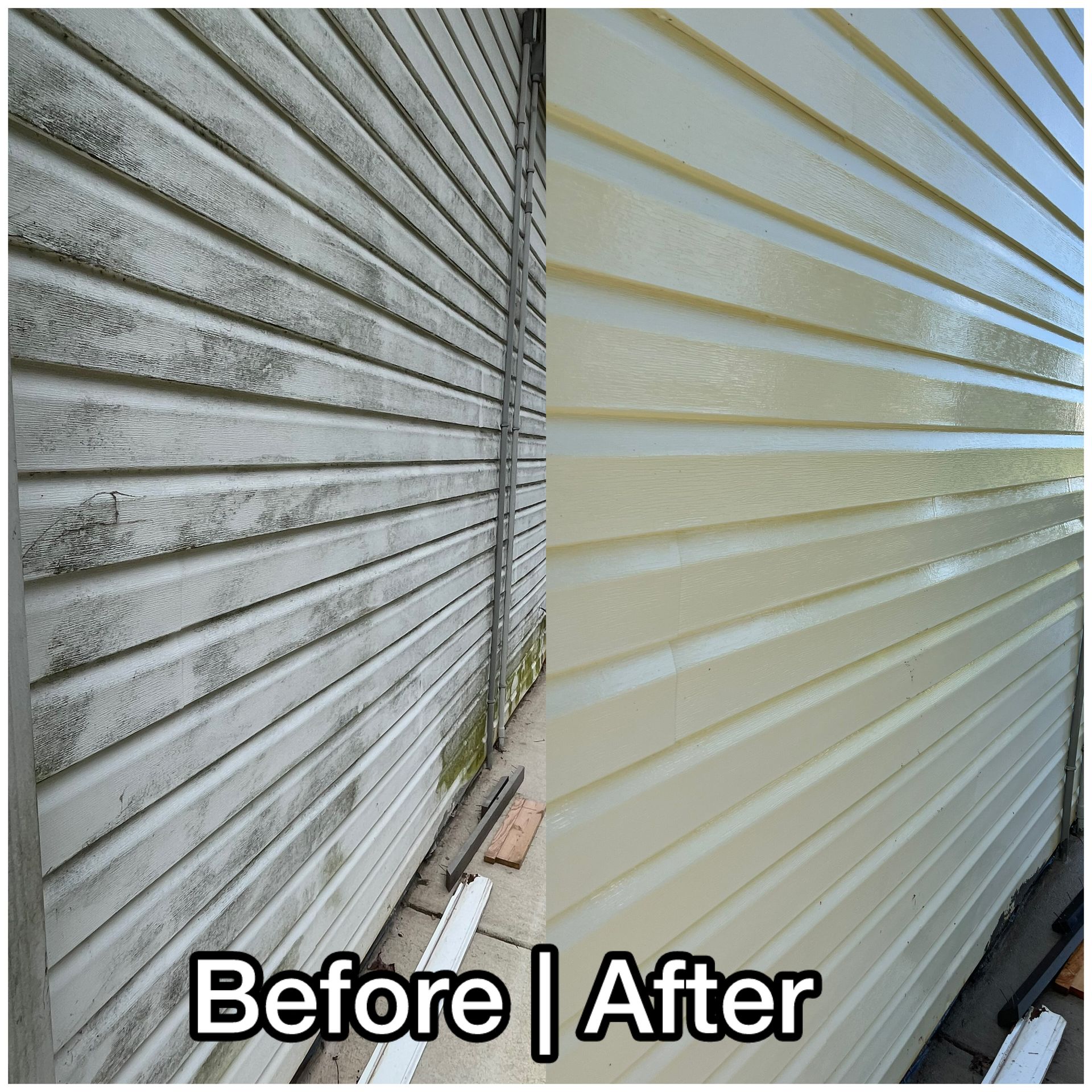 Before-and-after view of a wall: dirty gray siding on left, clean cream siding on right.