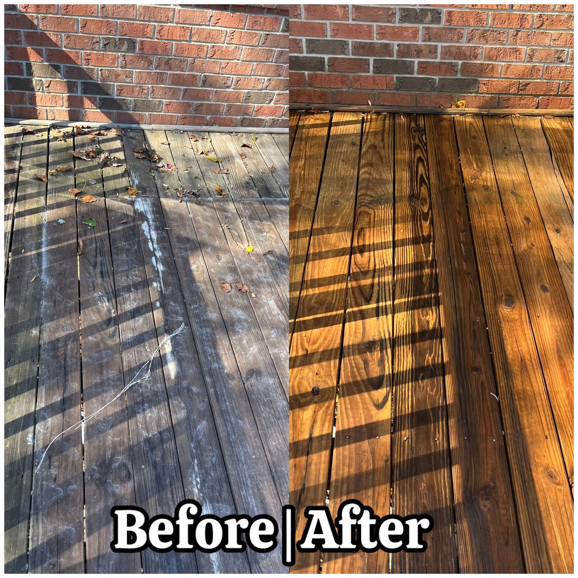 Split-screen deck stain comparison: gray weathered boards labeled 