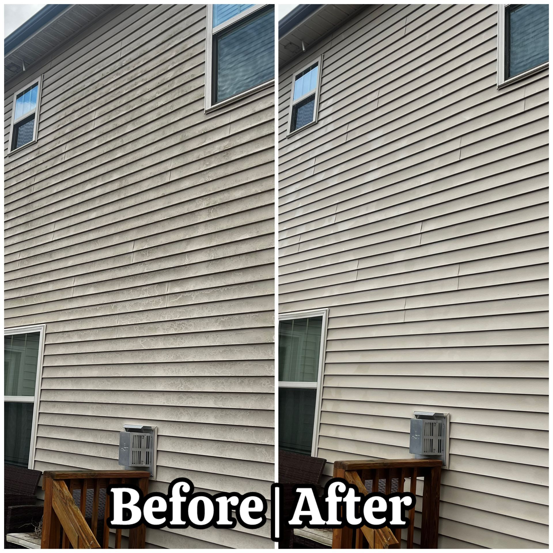 Before-and-after view of a house exterior with cleaned beige siding and a wood deck railing.