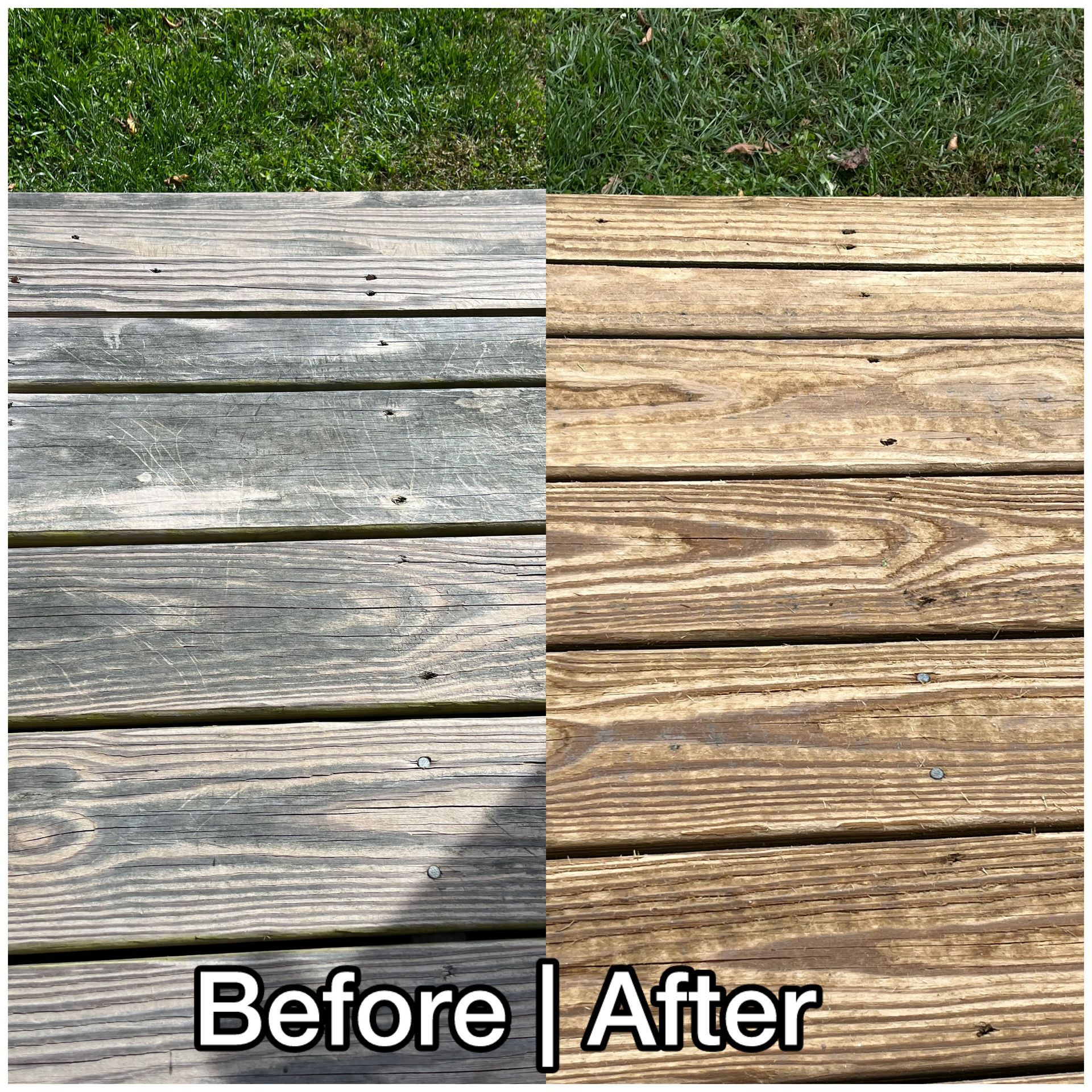 Wooden deck boards shown before and after cleaning, with green grass above and “Before | After” text.