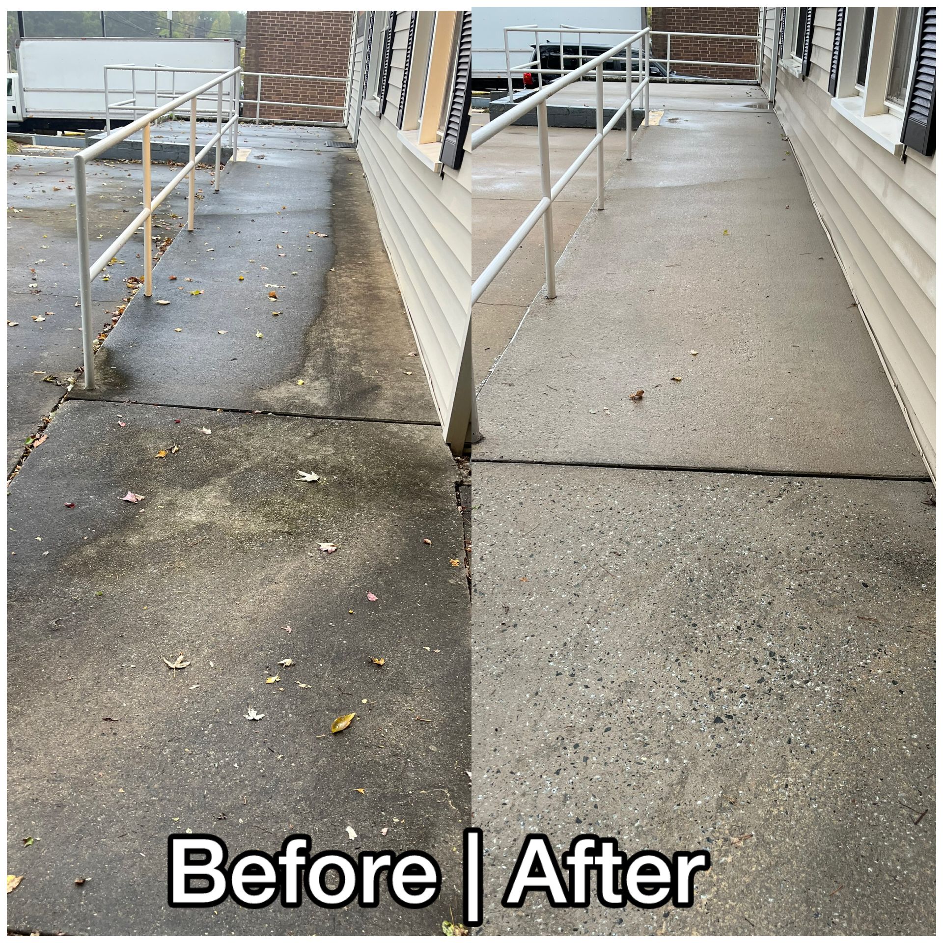 Before-and-after view of a repaired outdoor ramp with new concrete and handrails beside a brick building.