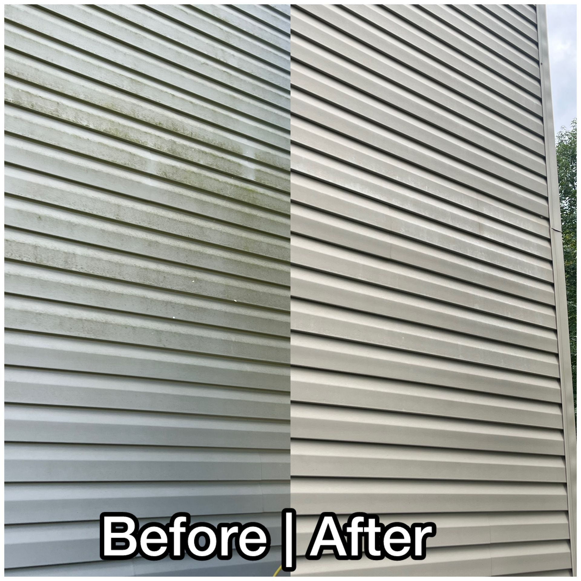 Before-and-after of a gray house siding cleaning comparison, with streaks visible on the left.