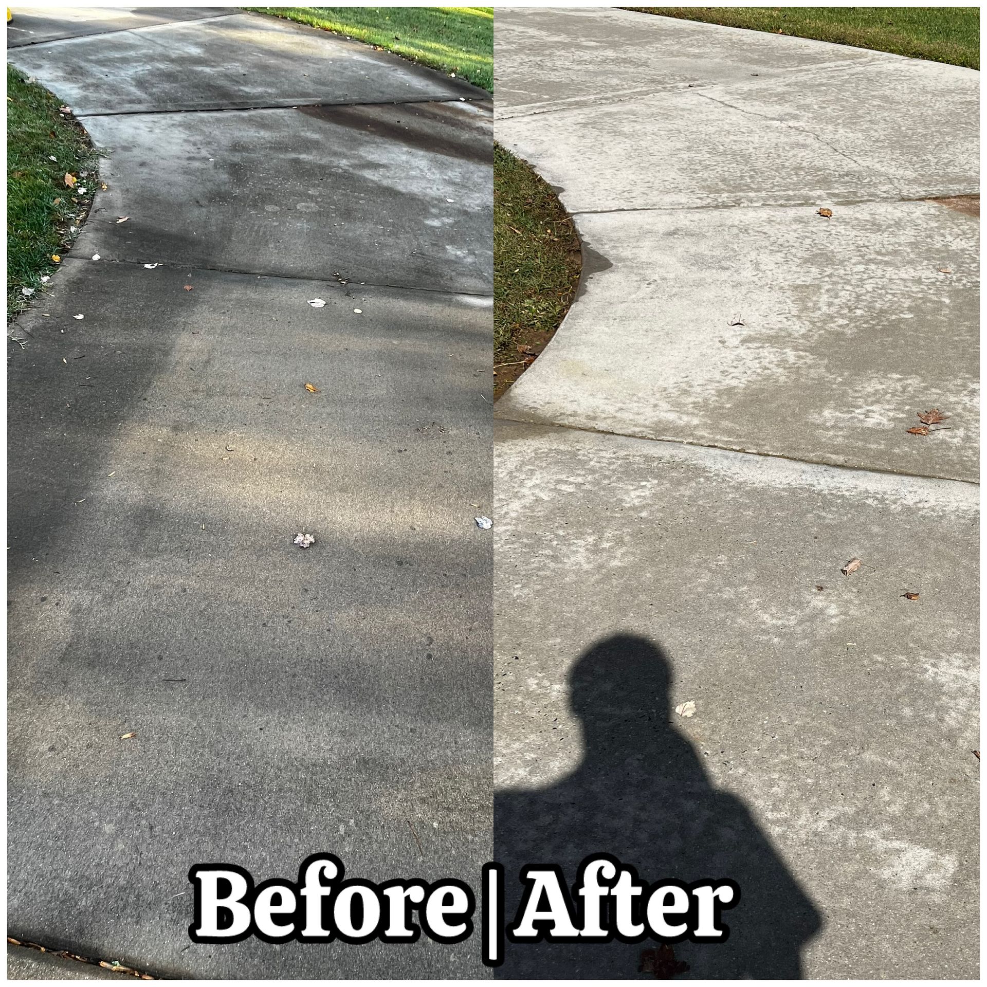 Before-and-after view of a repaired cracked driveway, with a shadow in the foreground.