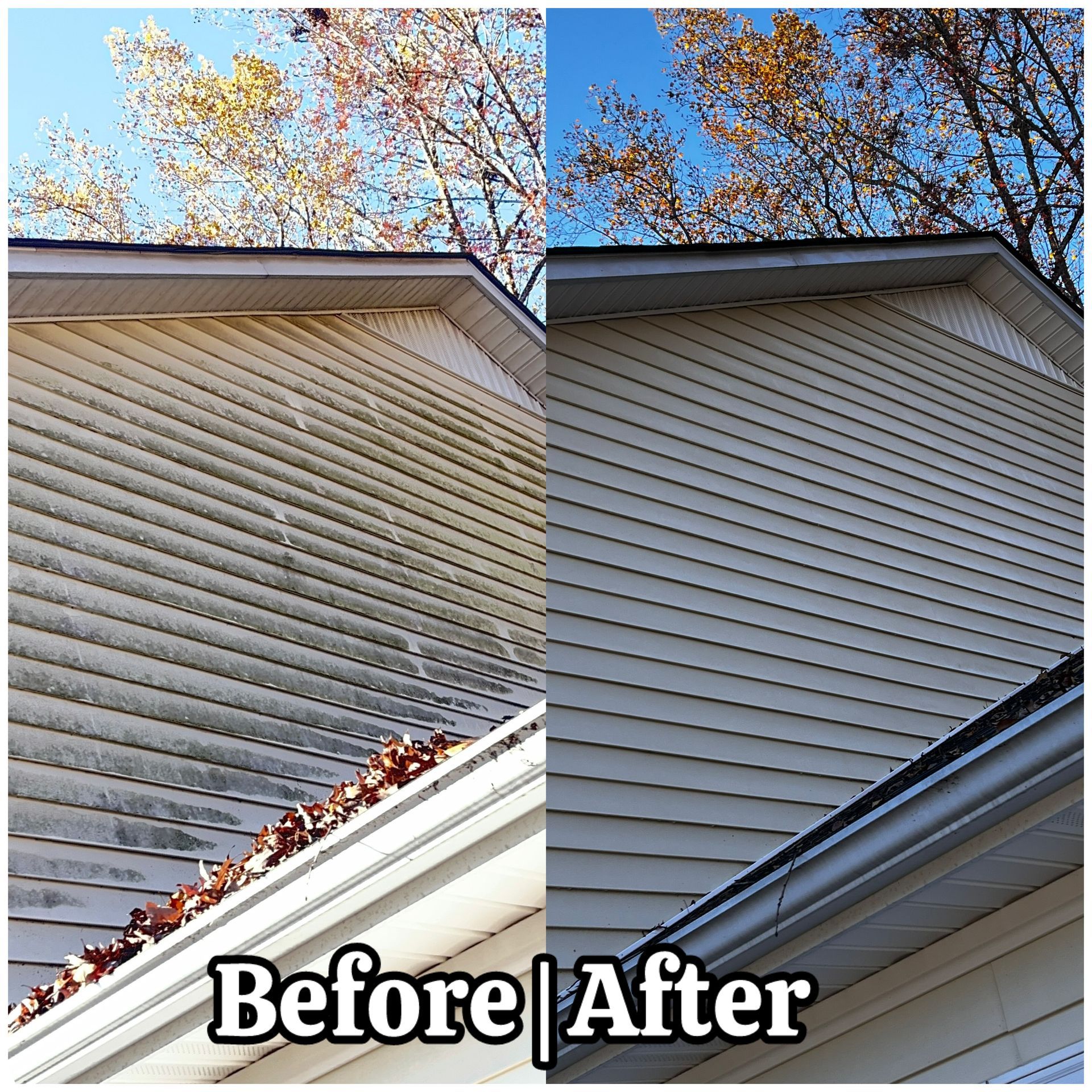 Before-and-after view of house siding and roof with fallen leaves cleared from the gutter.