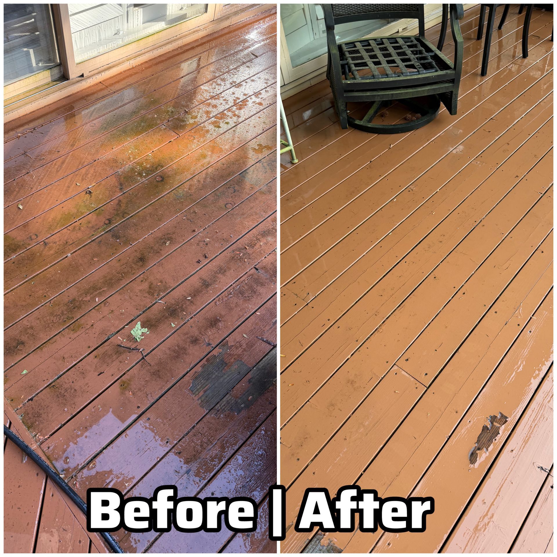 Before-and-after of a wet wooden deck stained and then cleaned to a light tan color.