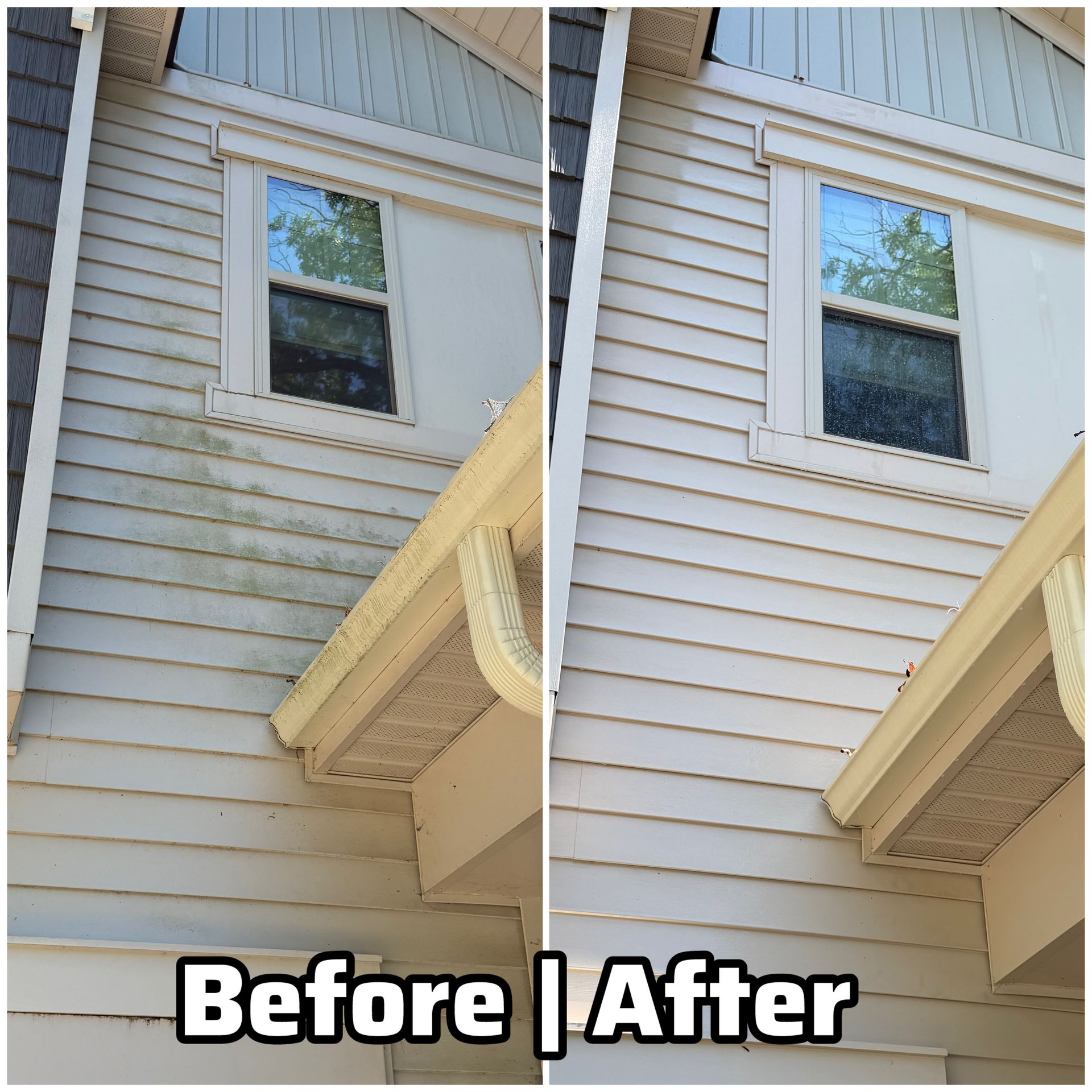 Before-and-after view of a house exterior siding and window, showing a brighter cleaned look on the right.