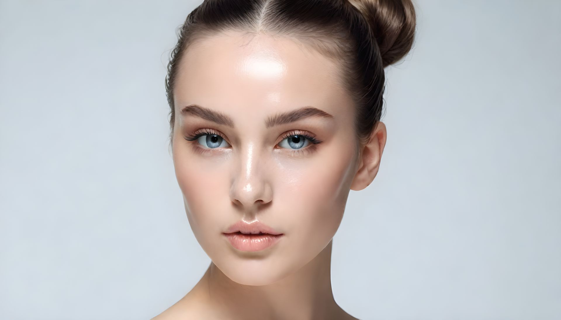 A close up of a woman 's face with her hair in a bun.
