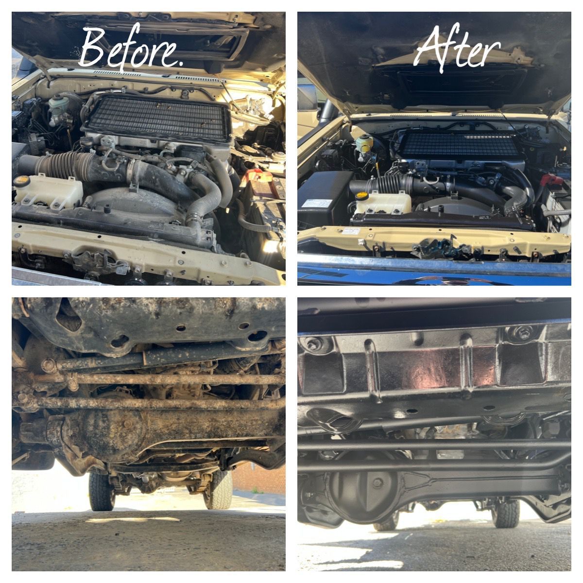 A before and after picture of a car engine and bumper.Treated by Anthony Anti-Corrosion Coatings.