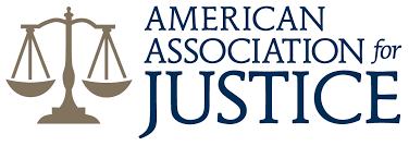 The logo for the american association for justice has a scale of justice on it.