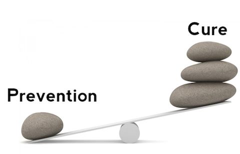 A balance between prevention and cure is shown on a seesaw.
