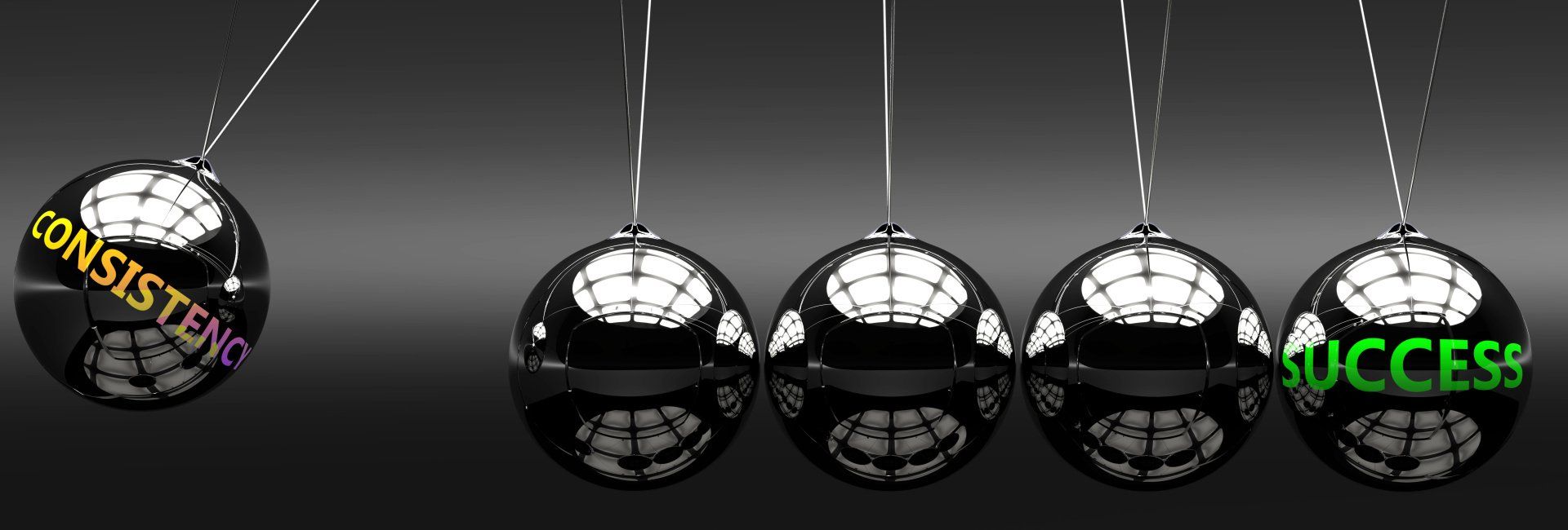 Consistency and success, pictured as a Newton cradle with metal balls, the first ball labeled “Consistency” and the last ball labeled “Success.”