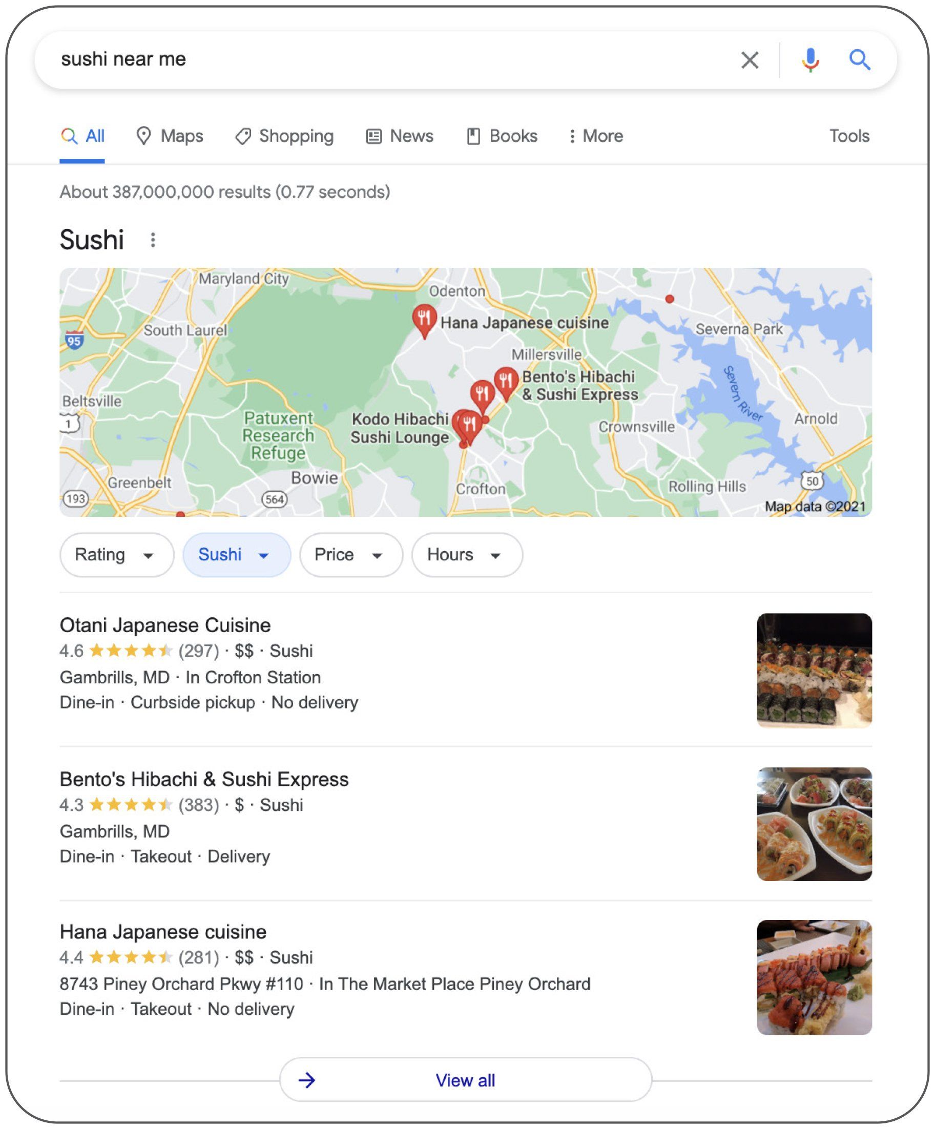 Image of Google Local Pack with three local results for a
