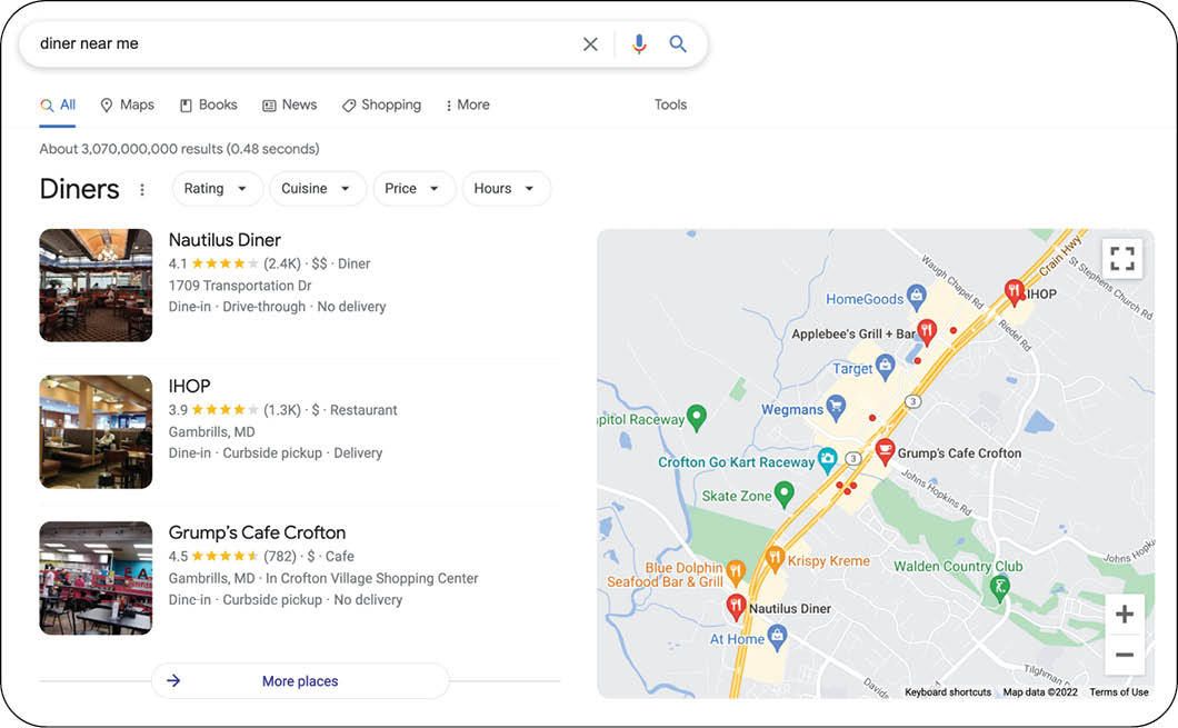 Screengrab of a Google search for “diner near me” with the Local 3-Pack results.