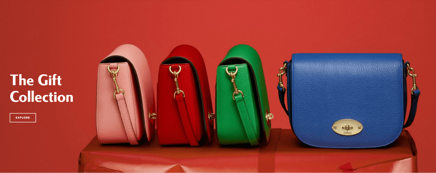 landing page from the company Mulberry with bright purses with the words