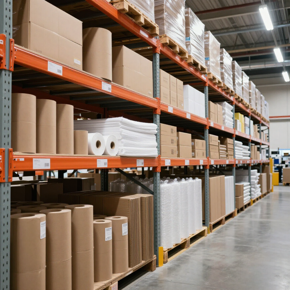 Estanterías de un almacén industrial repletas de rollos de papel marrón, cajas de cartón y materiales de embalaje blancos.
