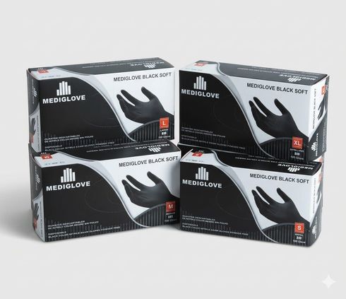 Una caja de guantes desechables de nitrilo negro sin polvo Mediglove para examen, talla grande,mediana y pequeña, que contiene 100 guantes.