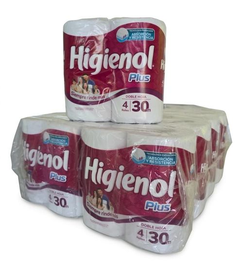 Varios paquetes de papel higiénico Higieno Plus apilados.