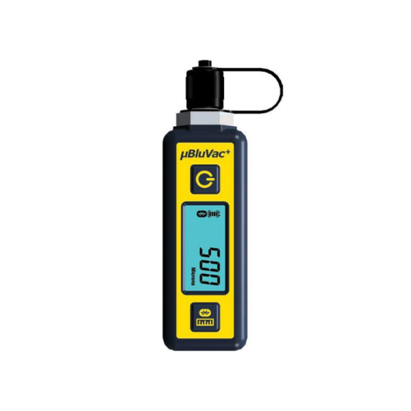 ΜBluVac+ digital vacuum gauge, yellow and black, displaying "500" on the screen.