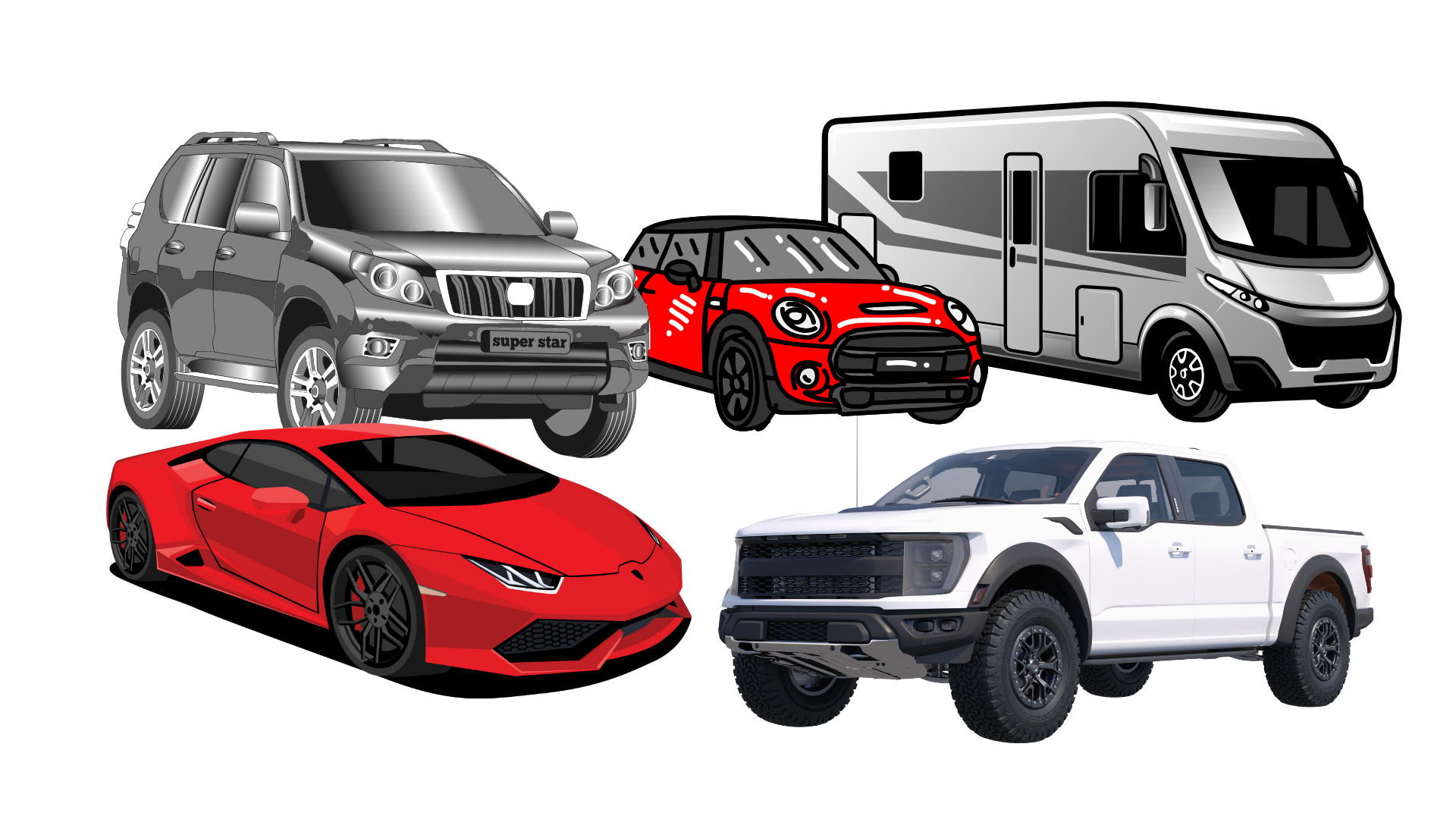 A group of cars and a rv are sitting next to each other on a white background.