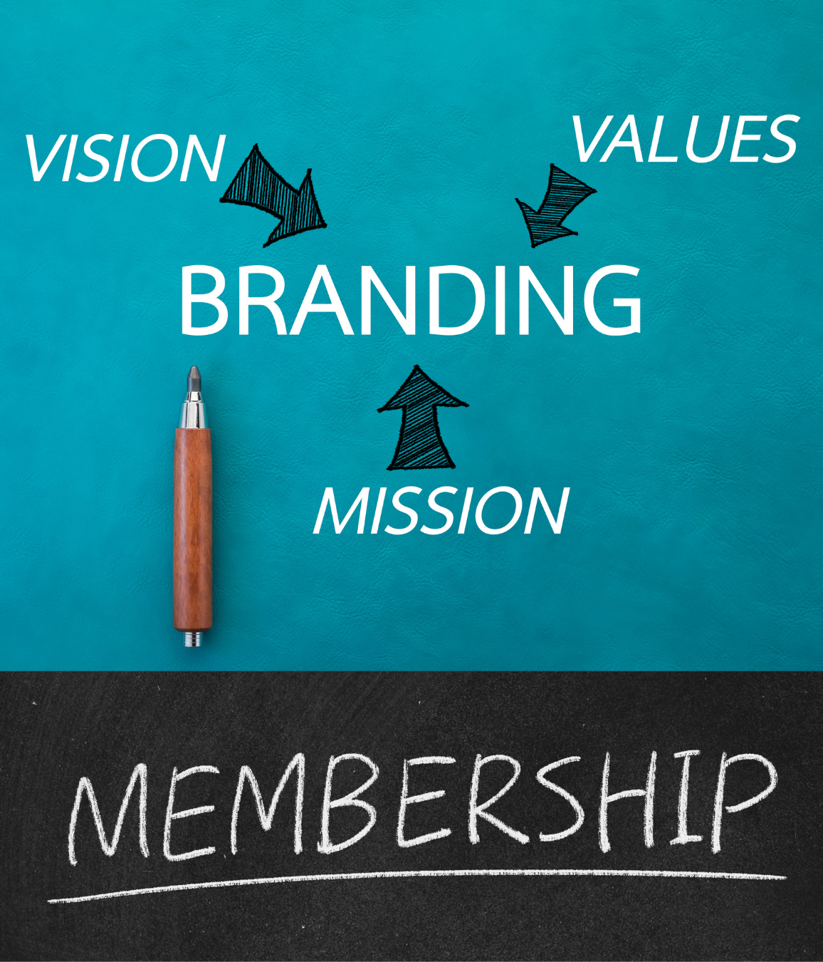 A chalkboard with the words vision branding mission and membership written on it