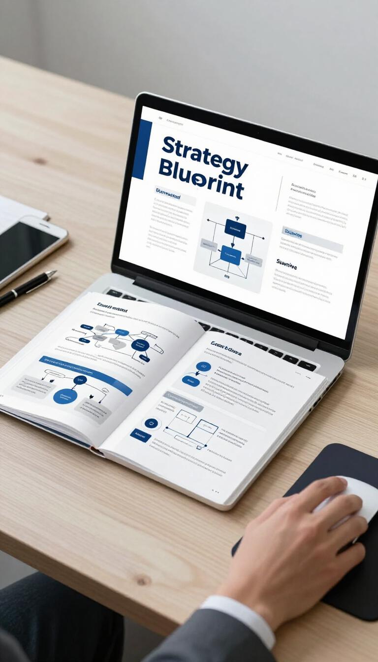 Open laptop showing strategy charts beside an open notebook on a desk, with a hand using a mouse
