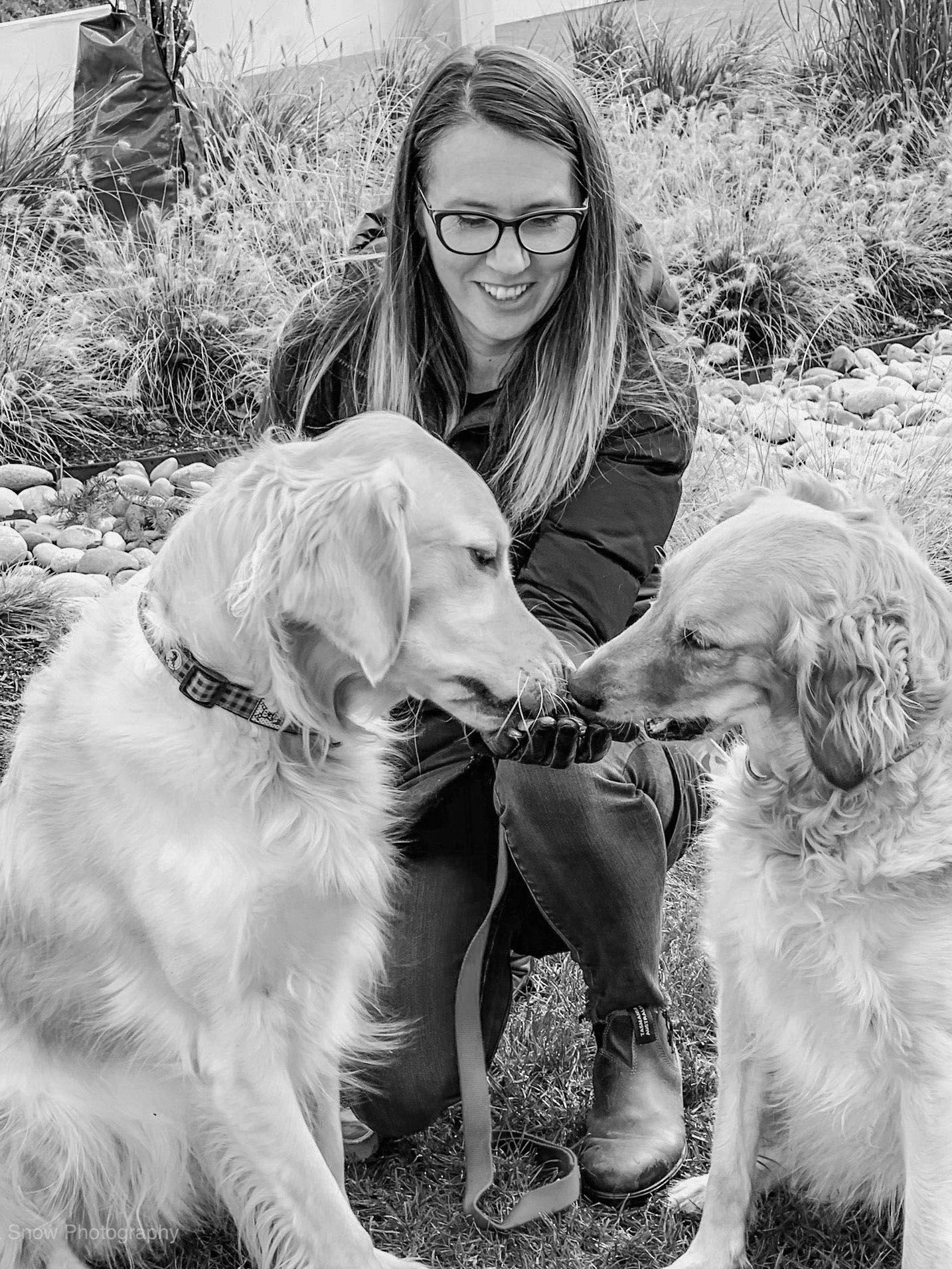 A woman is kneeling down next to two dogs.