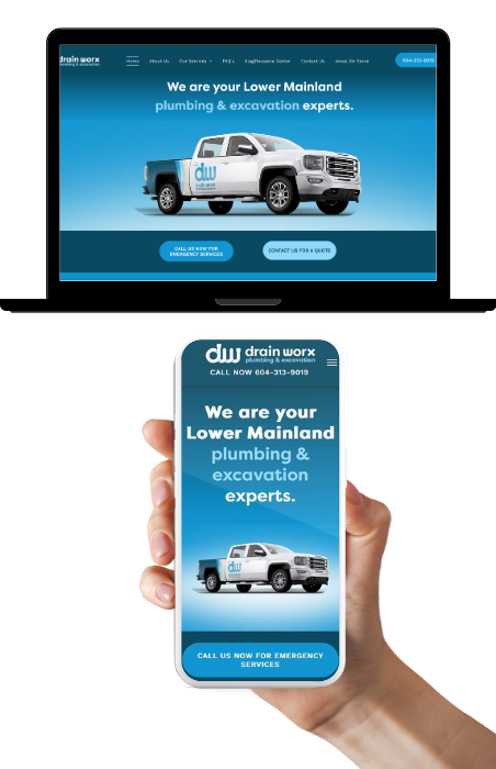A person is holding a cell phone in front of a laptop showcasing a Website Design for Drain Worx Plumbing and Excavation