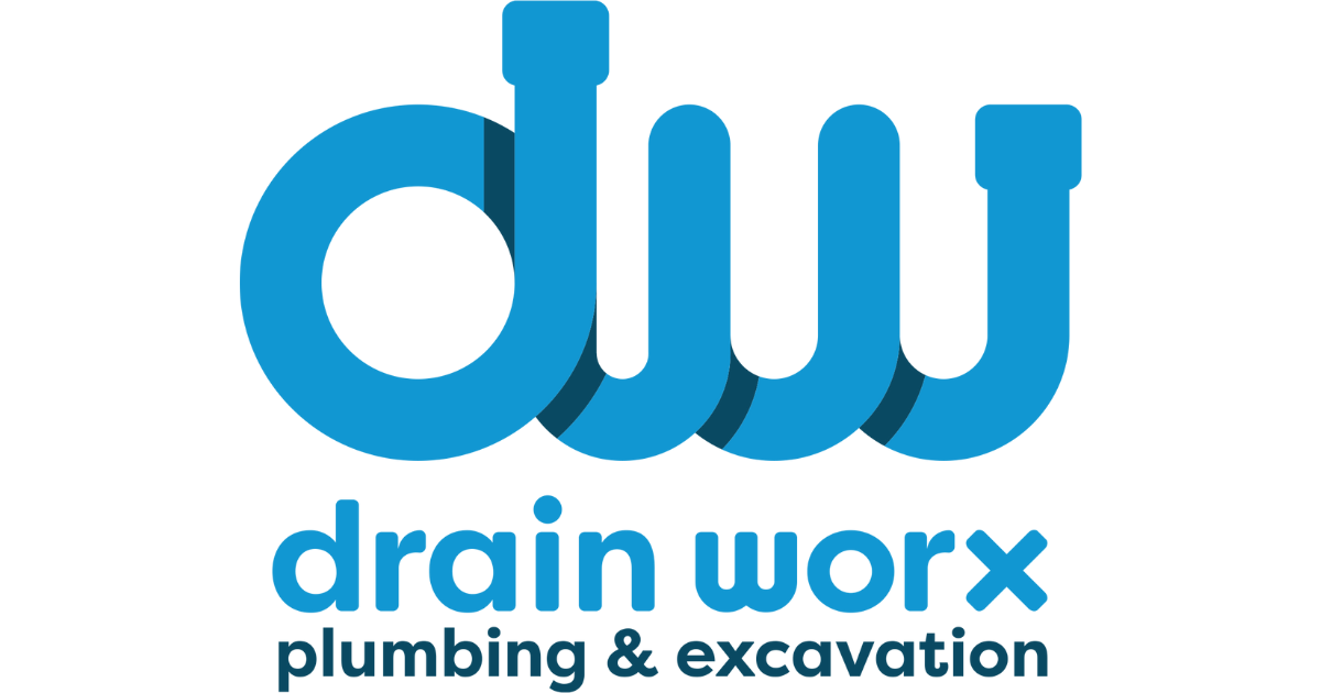 A blue logo for drain worx plumbing and excavation