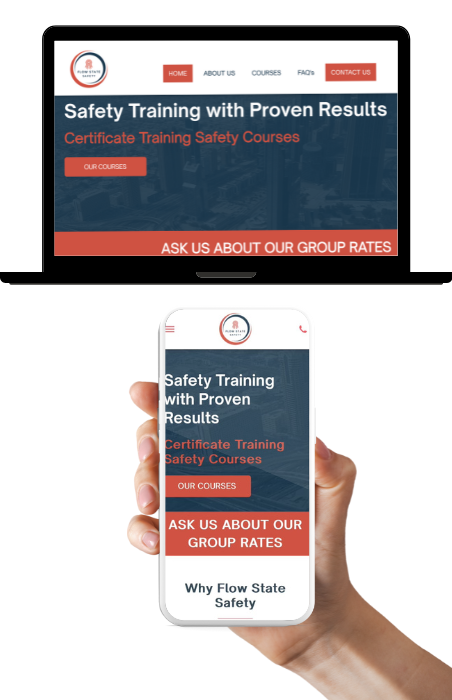 A person is holding a cell phone in front of a laptop showcasing a Website Design for Flow State Safety