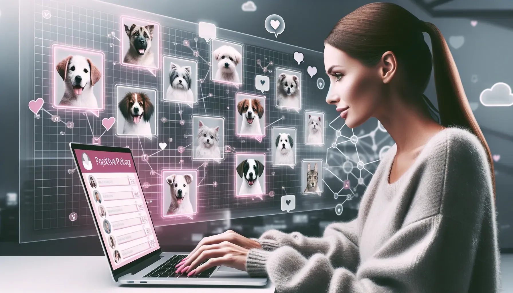 A woman is using a laptop computer with a virtual screen of dogs coming out of it.
