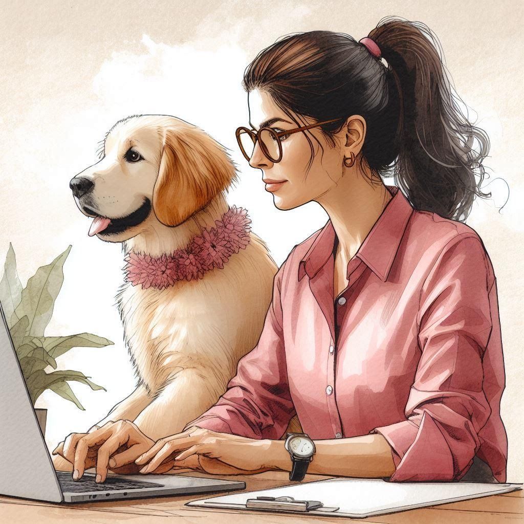 A woman is typing on a laptop next to a dog