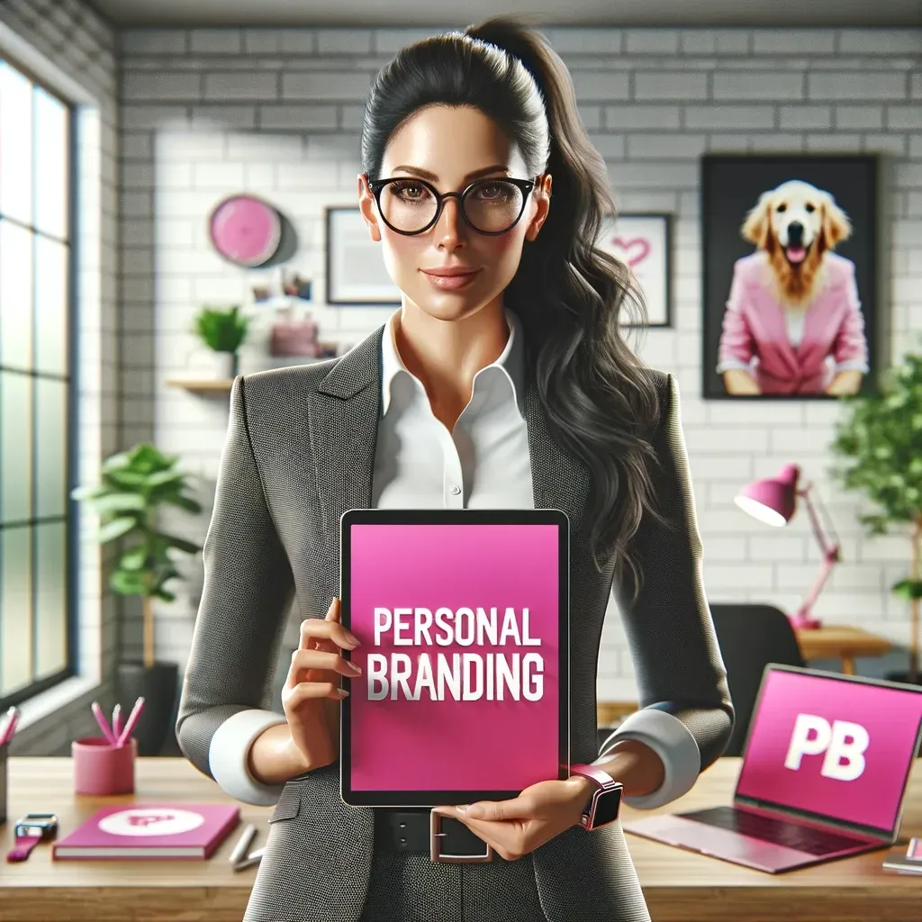 A woman is holding a tablet that says personal branding