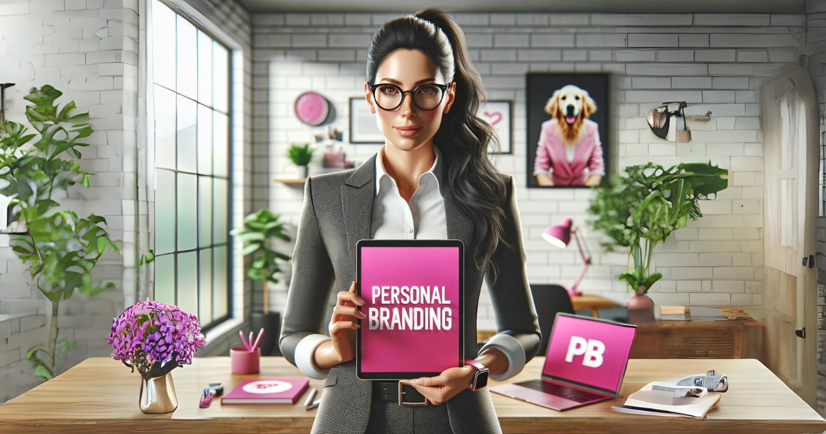 A woman is holding a tablet with the words personal branding on it.