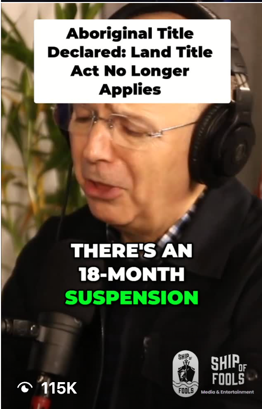 Person wearing headphones in a social post graphic about Aboriginal title, stating an 18-month suspension.