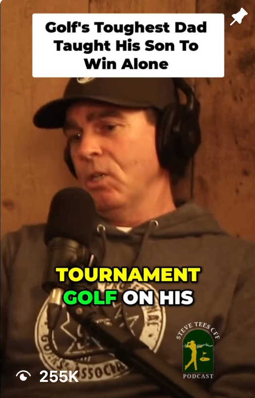 Podcast host wearing headphones and cap speaks into a microphone beside text about golf and his son winning alone