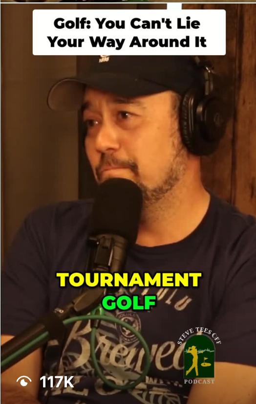 Podcast host in headphones speaking into a microphone with text: “Golf: You Can’t Lie Your Way Around It” and “Tournament Golf”