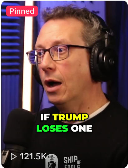 Podcaster with headset and microphone, speaking, with on-screen text: “IF TRUMP LOSES ONE”